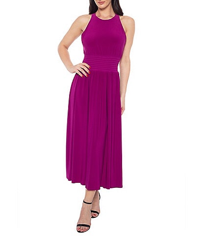 Marina Halter Neck Sleeveless Smocked Waist Pleated ITY Jersey Midi A-Line Dress