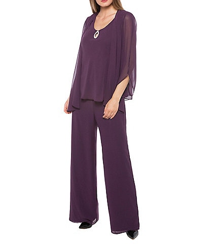 Marina Keyhole V-Neck Chiffon 3/4 Sleeve 3-Piece Pant Set