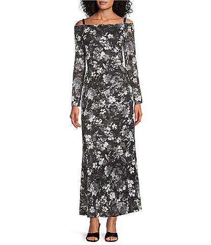 Marina Long Sleeve Off The Shoulder Scalloped Floral Maxi Dress