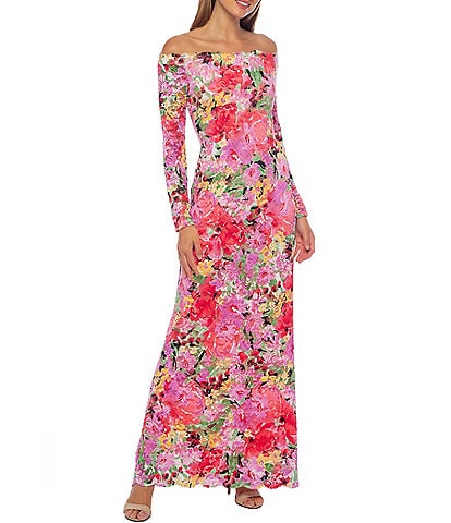 Marina Long Sleeve Off The Shoulder Scalloped Floral Maxi Dress