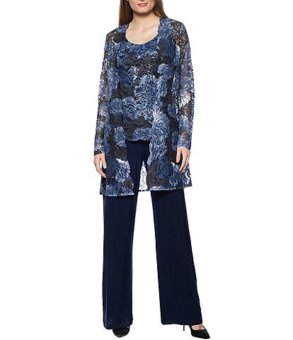 Marina Long Sleeve Scoop Neck Sequin Lace 3-Piece Pant Set