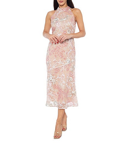 Marina Mock Neck Embroidered Sequin Sheath Dress