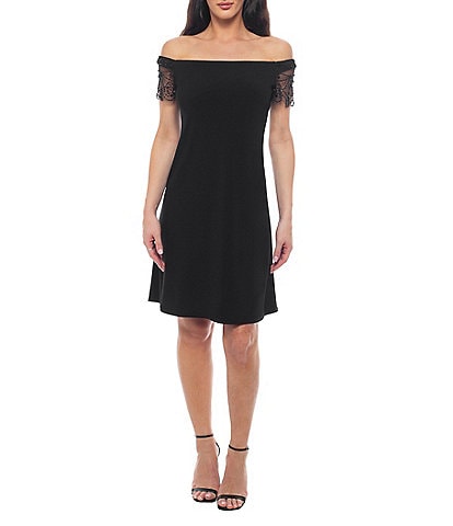 Marina Off-The-Shoulder Beaded Cap Sleeve ITY Scuba Crepe Dress