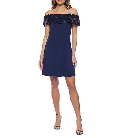 Marina Off-the-Shoulder Sequin Lace Swing Dress