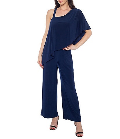 Marina One Shoulder Asymmetrical Neck Short Flutter Sleeve Wide Leg Jumpsuit