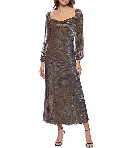 Marina Pleated Metallic Knit Cowl Neck Long Sleeve Dress