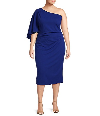 Marina Plus Size 3/4 One Shoulder Sleeve Midi Dress