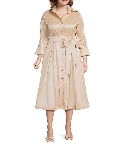 Marina Plus Size 3/4 Sleeve Point Collar Neck Tie Waist Taffeta Midi A-Line Dress