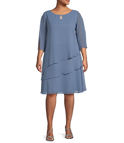 Marina Plus Size 3/4 Split Sleeve Round Keyhole Neck Tiered Chiffon Dress