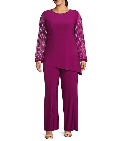 Marina Plus Size Beaded Long Sleeve Crew Neck 2-Piece Pant Set