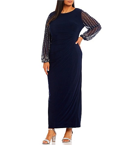 Marina Plus Size Boat Neck Long Beaded Sleeve Elastic Cuff Back Slit Matte Jersey Gown