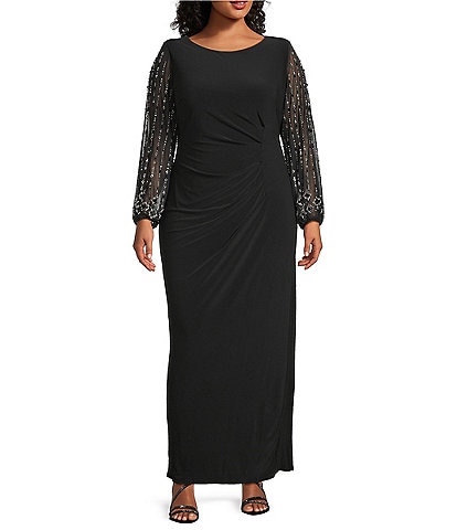 Marina Plus Size Boat Neck Long Beaded Sleeve Elastic Cuff Back Slit Matte Jersey Gown