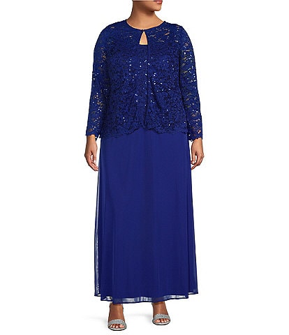 Marina Plus Size Glitter Lace Jacket Matte Jersey Chiffon Skirt Long Sleeve Square Neck 2-Piece Gown