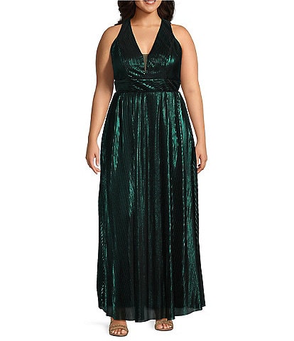 Marina Plus Size Halter V-Neck Sleeveless Foil Pleated Gown