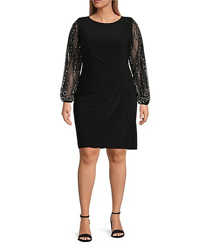 Marina Plus Size Long Beaded Sleeves Round Neck Jersey Sheath Dress