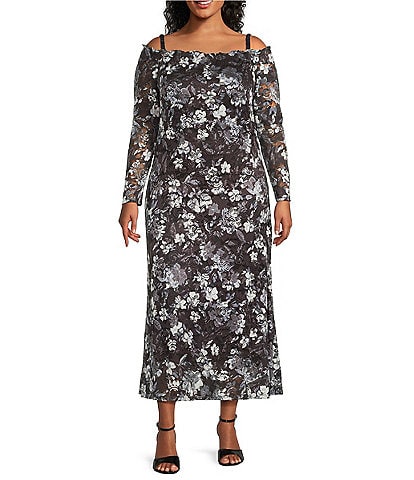 Marina Plus Size Long Sleeve Off-The-Shoulder Lace Gown