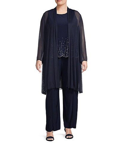 Marina Plus Size Long Sleeve Round Neck Embroidered Jersey 2-Piece Jumpsuit Set