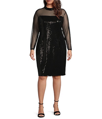 Marina Plus Size Mesh Disco Dot Mock Neck Long Sleeve Cocktail Bodycon Dress