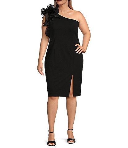 Marina Plus Size Ruffle One Shoulder Sleeveless Scuba Crepe Sheath Dress