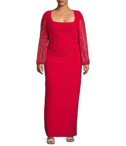 Marina Plus Size Scoop Neck Power Mesh Beaded Sleeve Sheath Dress