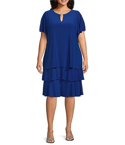 Marina Plus Size Short Split Sleeve Keyhole Round Neck Tiered Skirt Dress