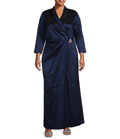 Marina Plus Size Stretch Taffeta Surplice V-Neck 3/4 Sleeve Faux Wrap Dress