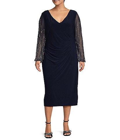 Marina Plus Size V-Neck Long Beaded Sleeve Side Ruched Midi Sheath Dress