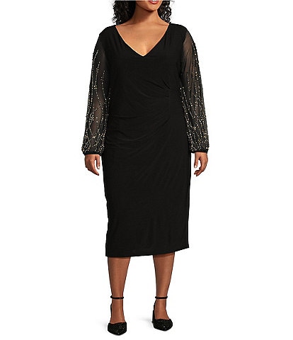 Marina Plus Size V-Neck Long Beaded Sleeve Side Ruched Midi Sheath Dress