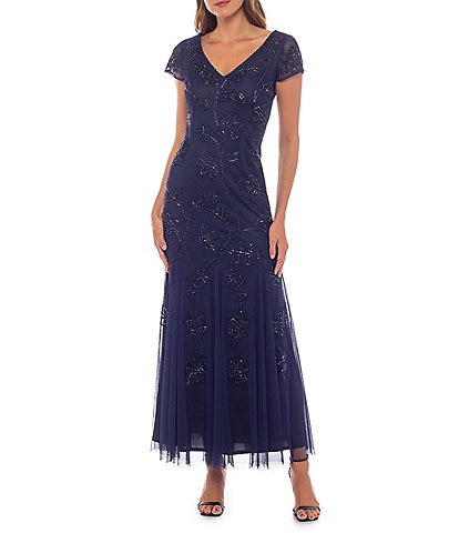 Marina Power Mesh V-Neck Cap Sleeve Soutache Vine Beading Sheath Gown