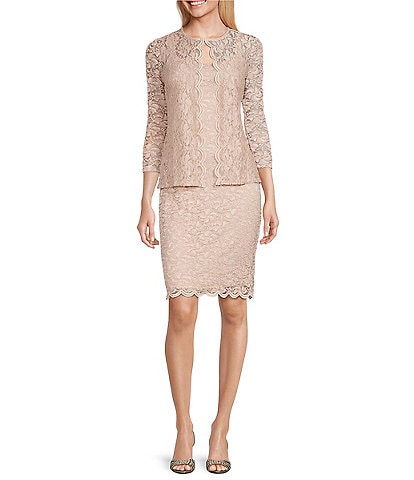 Marina Scalloped Glitter Lace Scoop Neck 3/4 Sleeve 2-Piece Jacket Dress