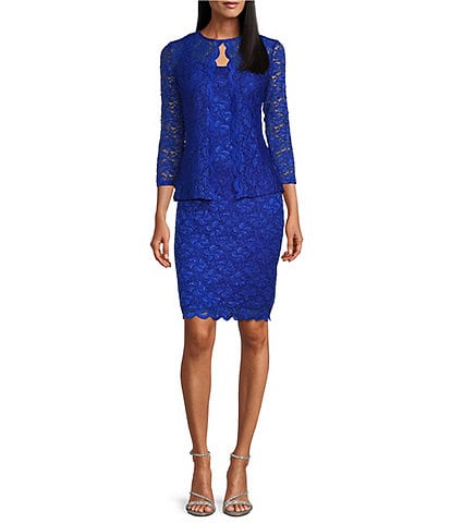 Marina Scalloped Glitter Lace Scoop Neck 3/4 Sleeve 2-Piece Jacket Dress