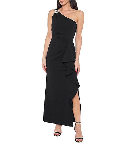 Marina Scuba Crepe One Shoulder Ruffle Front Dress