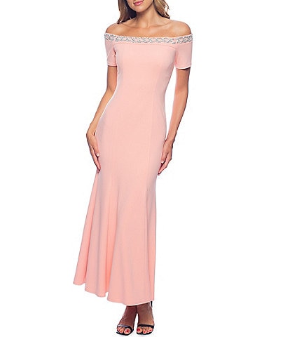 Marina Scuba Crepe Short Sleeve Off-The-Shoulder Embellished Neck Gown