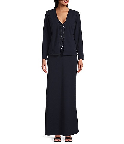 Marina Sequin Crepe V-Neck Long Sleeve A-Line 2-Piece Jacket Dress