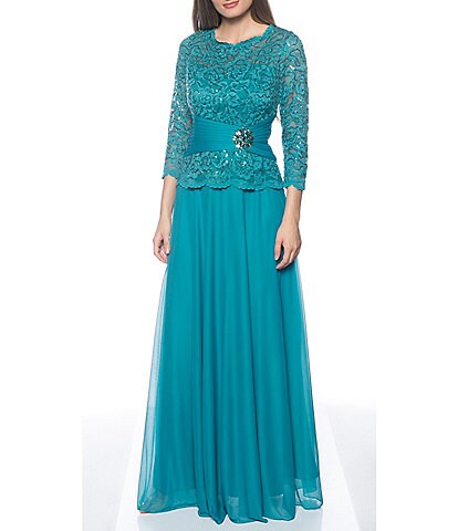 Marina Sequin Lace Bodice Pleated Broach Waist 3/4 Scalloped Sleeve Round Neck A-Line Chiffon Gown