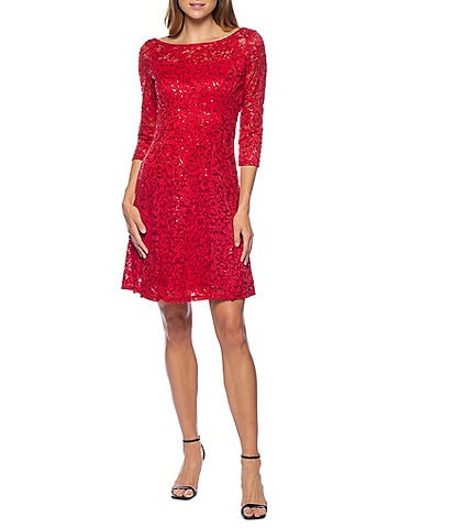Marina Sequin Lace Round Neck 3/4 Sleeve Fit and Flare Dress