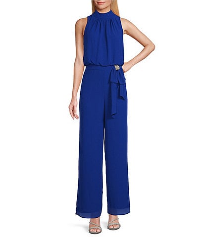 Marina Sleeveless Halter Mock Neck Rhinestone Bow Waist Chiffon Jumpsuit