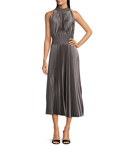 Marina Sleeveless Halter Mock Neck Smocked Pleated Crepe Chiffon A-Line Midi Dress