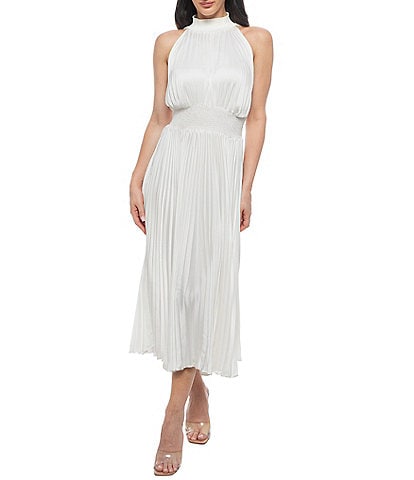 Marina Sleeveless Halter Mock Neck Smocked Pleated Crepe Chiffon A-Line Midi Dress