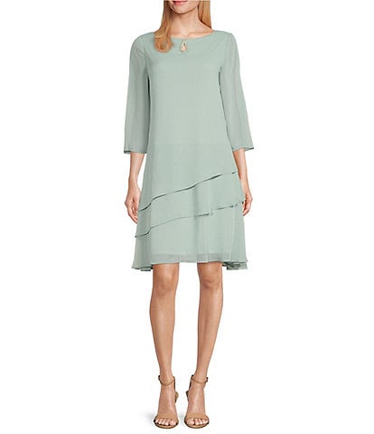 Marina Split 3/4 Sleeve Round Beaded Keyhole Neck Asymmetrical Tiered Chiffon Trapeze Dress