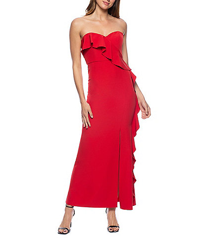 Marina Strapless Neck Sleeveless Ruffle Front Scuba Crepe Sheath Gown