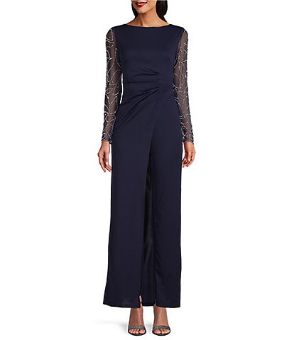 Marina Stretch Crepe Long Beaded Sleeve Round Neck Walk Thru Jumpsuit Gown