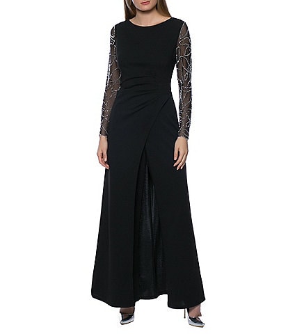 Marina Stretch Crepe Long Beaded Sleeve Round Neck Walk Thru Jumpsuit Gown