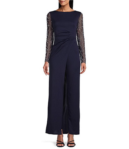 Marina Stretch Crepe Long Beaded Sleeve Round Neck Walk Thru Jumpsuit Gown