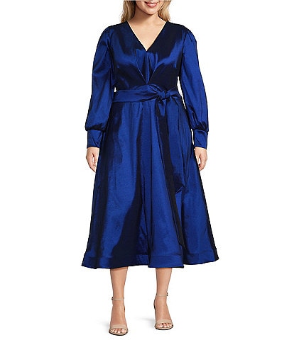 Marina Stretch Plus Size Taffeta V-Neck Long Sleeve Tie Sash Fit-and-Flare Gown