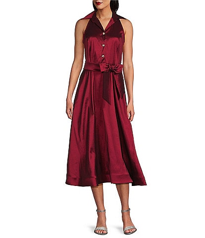 Marina Stretch Taffeta Point Collar Sleeveless Button Front A-Line Midi Dress