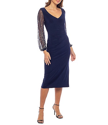 Marina V-Neck Long Beaded Sleeves Side Ruched Midi Sheath Dress