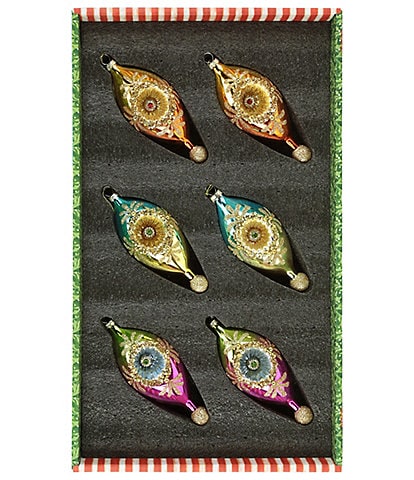 Mark Roberts Holiday Collection 6-Piece Assortment Glitter Finial Drop Hanging Boxed Ornament Set