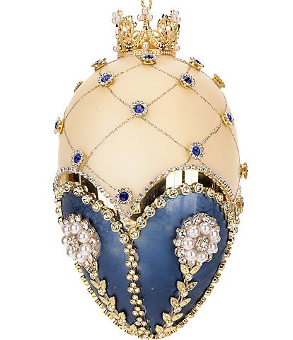 Mark Roberts Holiday Collection Blue and Ivory Faberge Jewel Egg Glass Ornament