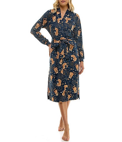 MASONgrey Della Long Banded Sleeve Tie Front Long Knit Cosmic Jungle Print Robe